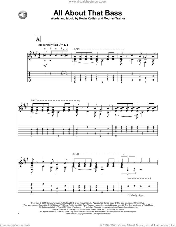 All About That Bass sheet music for guitar solo by Meghan Trainor and Kevin Kadish, intermediate skill level