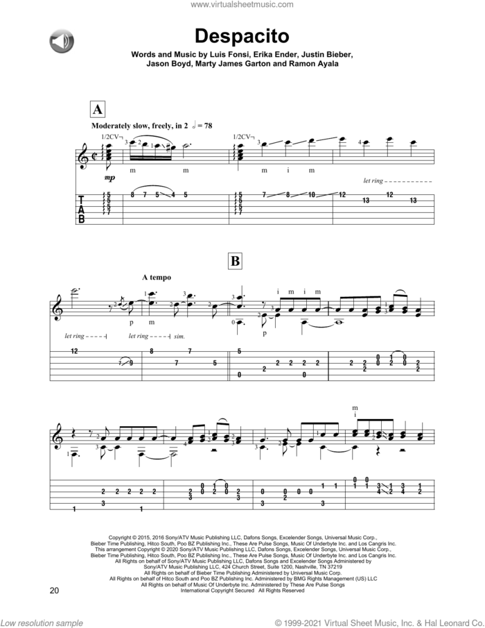 Despacito, (intermediate) sheet music for guitar solo by Luis Fonsi & Daddy Yankee feat. Justin Bieber, Erika Ender, Luis Fonsi and Ramon Ayala, intermediate skill level