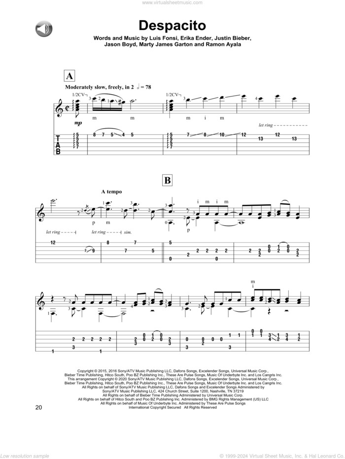 Despacito, (intermediate) sheet music for guitar solo by Luis Fonsi & Daddy Yankee feat. Justin Bieber, Erika Ender, Luis Fonsi and Ramon Ayala, intermediate skill level