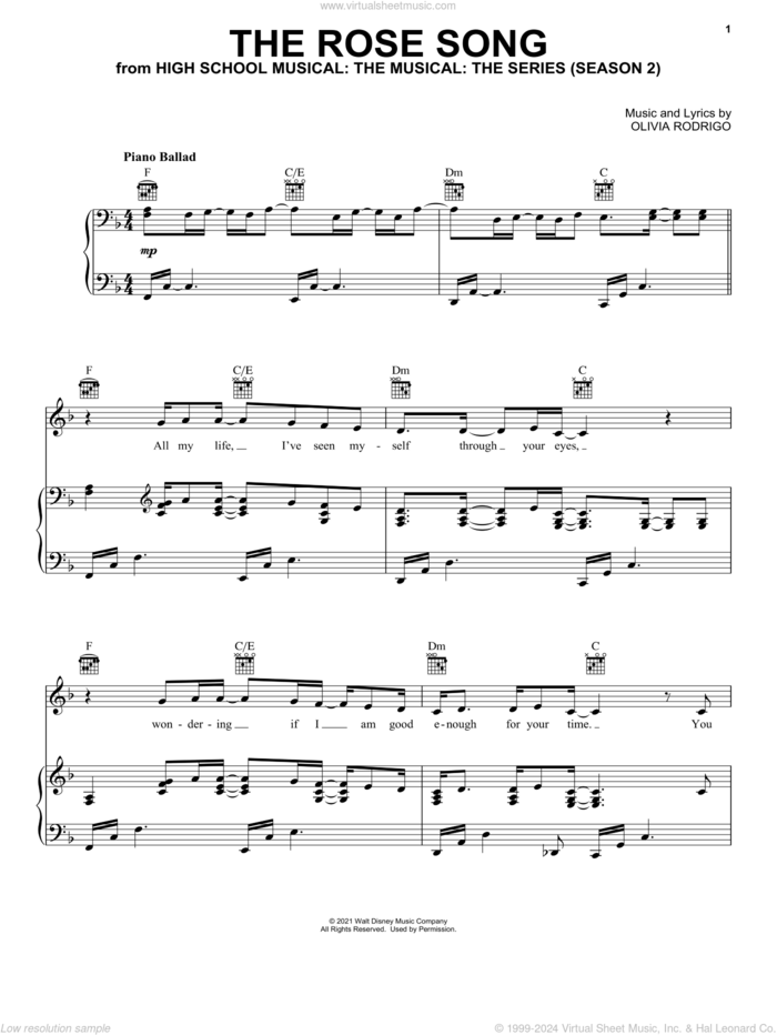 The Rose Song (from High School Musical: The Musical: The Series) sheet music for voice, piano or guitar by Olivia Rodrigo, intermediate skill level