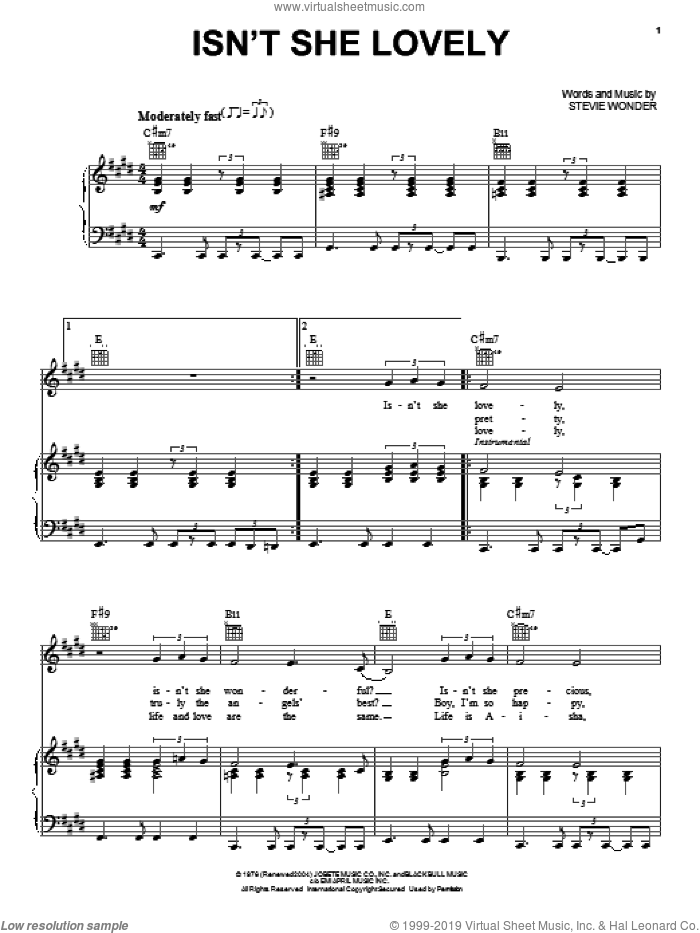Isn't She Lovely sheet music for voice, piano or guitar by Stevie Wonder, intermediate skill level