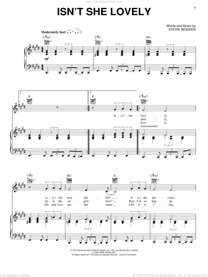 Isn't She Lovely sheet music for voice, piano or guitar by Stevie Wonder, intermediate skill level