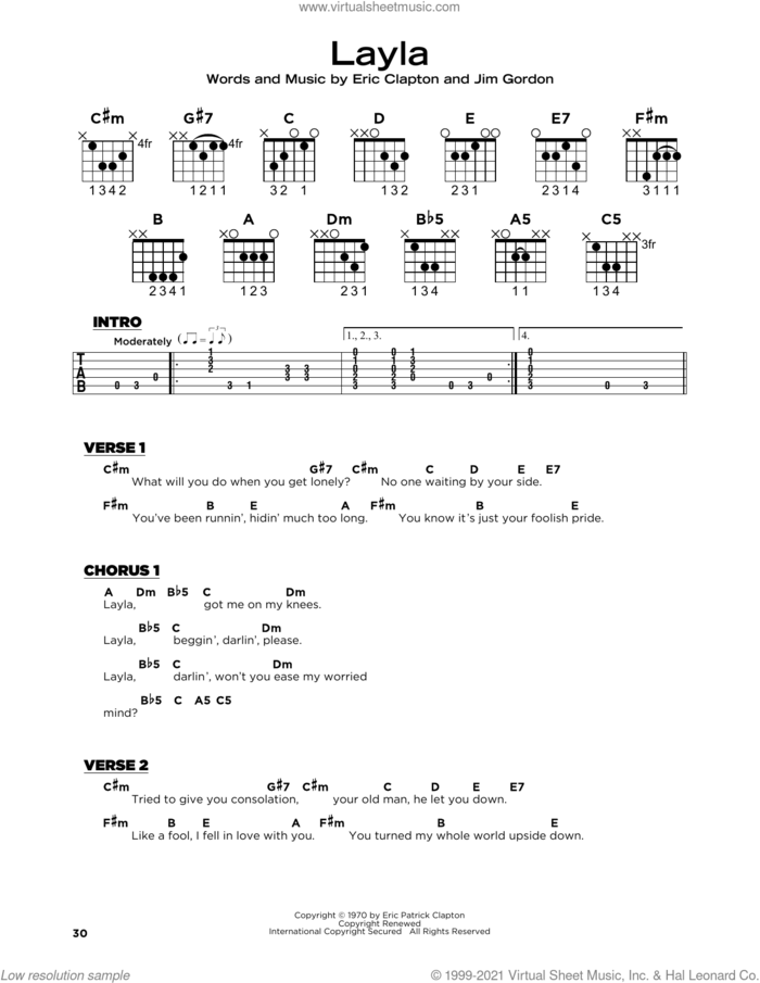 Layla sheet music for guitar solo by Derek And The Dominos, Eric Clapton and Jim Gordon, beginner skill level