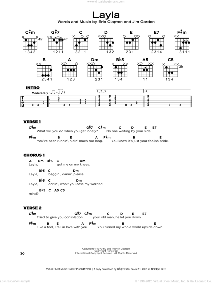 Layla sheet music for guitar solo by Derek And The Dominos, Eric Clapton and Jim Gordon, beginner skill level