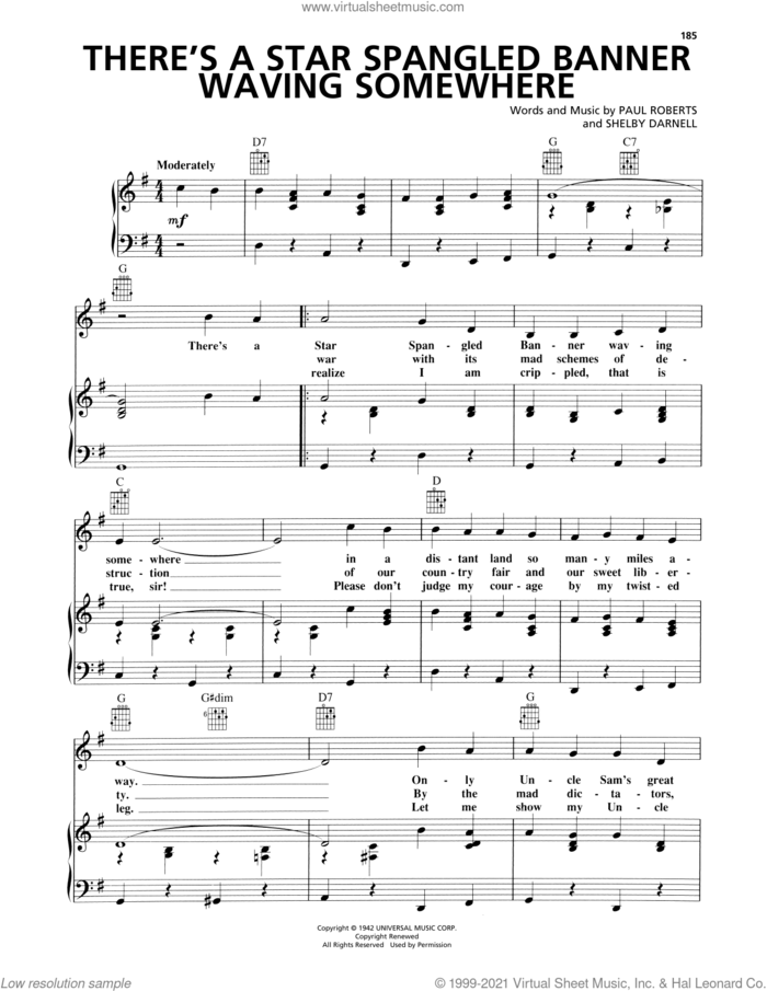 There's A Star Spangled Banner Waving Somewhere sheet music for voice, piano or guitar by Elton Britt, Paul Roberts and Shelby Darnell, intermediate skill level