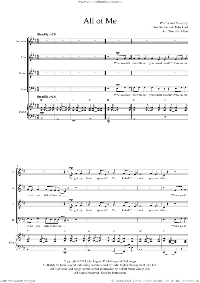 All of Me (arr. Tim Allen) sheet music for choir (SATB: soprano, alto, tenor, bass) by John Legend, Tim Allen, John Stephens and Toby Gad, intermediate skill level