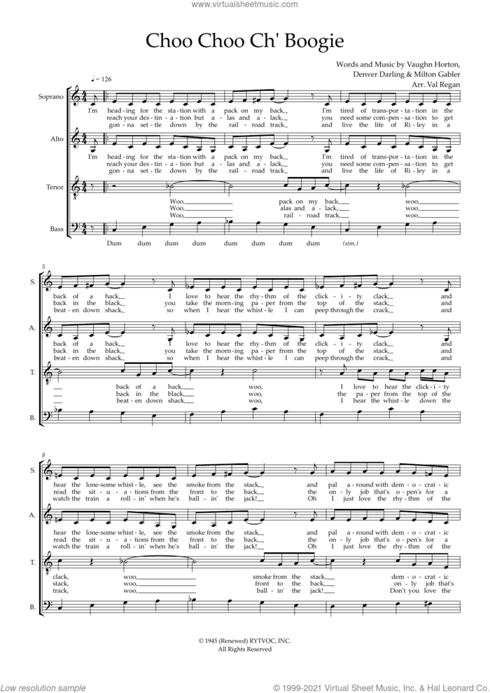 Choo Choo Ch' Boogie (arr. Val Regan) sheet music for choir (SATB: soprano, alto, tenor, bass) by Louis Jordan, Val Regan, Denver Darling, Milton Gabler and Vaughn Horton, intermediate skill level