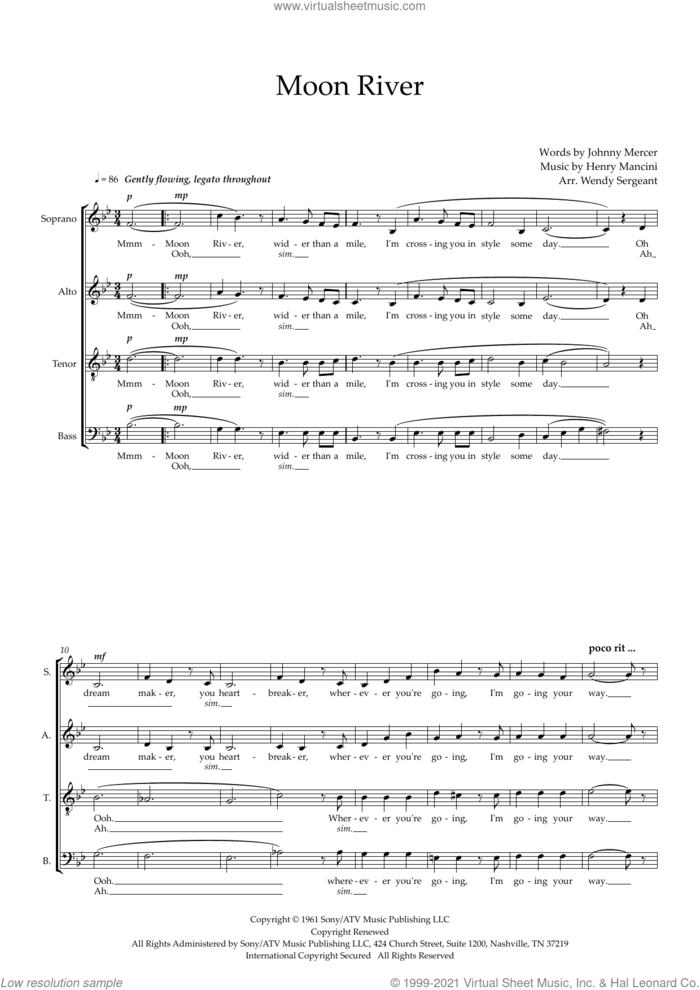 Moon River (arr. Wendy Sergeant) sheet music for choir (SAATB) by Audrey Hepburn, Wendy Sergeant, Henry Mancini and Johnny Mercer, intermediate skill level