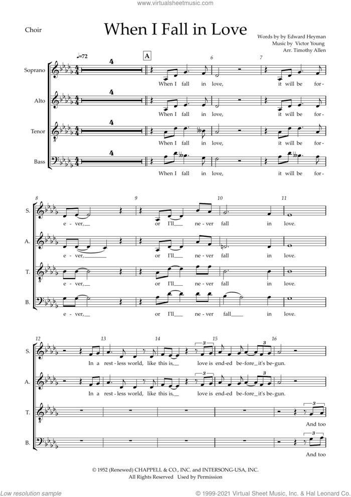 When I Fall In Love (arr. Tim Allen) (COMPLETE) sheet music for orchestra/band (SATB) by Carpenters, Edward Heyman, Nat King Cole, Tim Allen and Victor Young, intermediate skill level