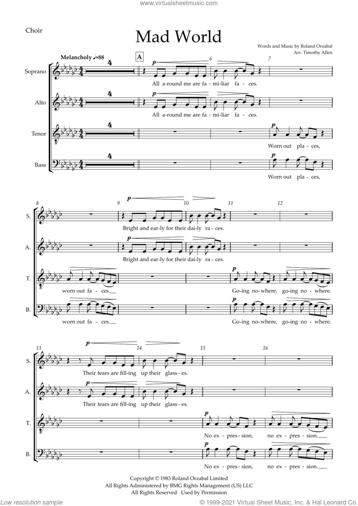 Mad World (arr. Tim Allen) (COMPLETE) sheet music for orchestra/band (SATB) by Tears For Fears, Roland Orzabal and Tim Allen, intermediate skill level