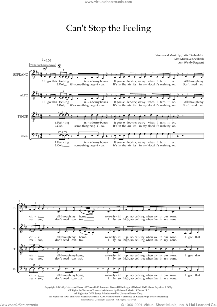 Can't Stop the Feeling! (arr. Wendy Sergeant) sheet music for choir (SATB: soprano, alto, tenor, bass) by Justin Timberlake, Wendy Sergeant, Johan Schuster, Max Martin and Shellback, intermediate skill level