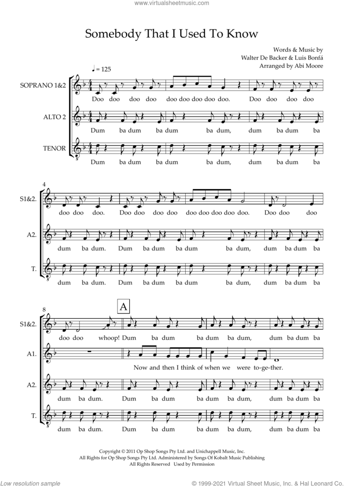 Somebody That I Used To Know (feat. Kimbra) (arr. Abi Moore) sheet music for choir (SSAAT) by Gotye, Abi Moore, Luiz Bonfa and Walter De Backer, intermediate skill level