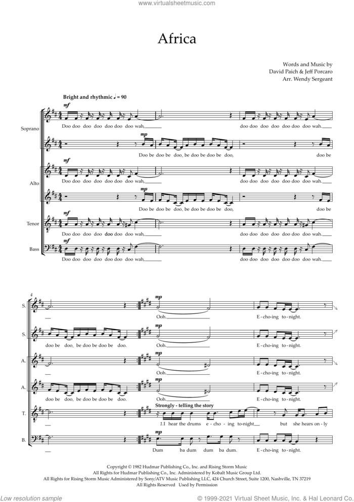 Africa (arr. Wendy Sergeant) sheet music for choir (SSAATB) by Toto, Wendy Sergeant, David Paich and Jeff Porcaro, intermediate skill level