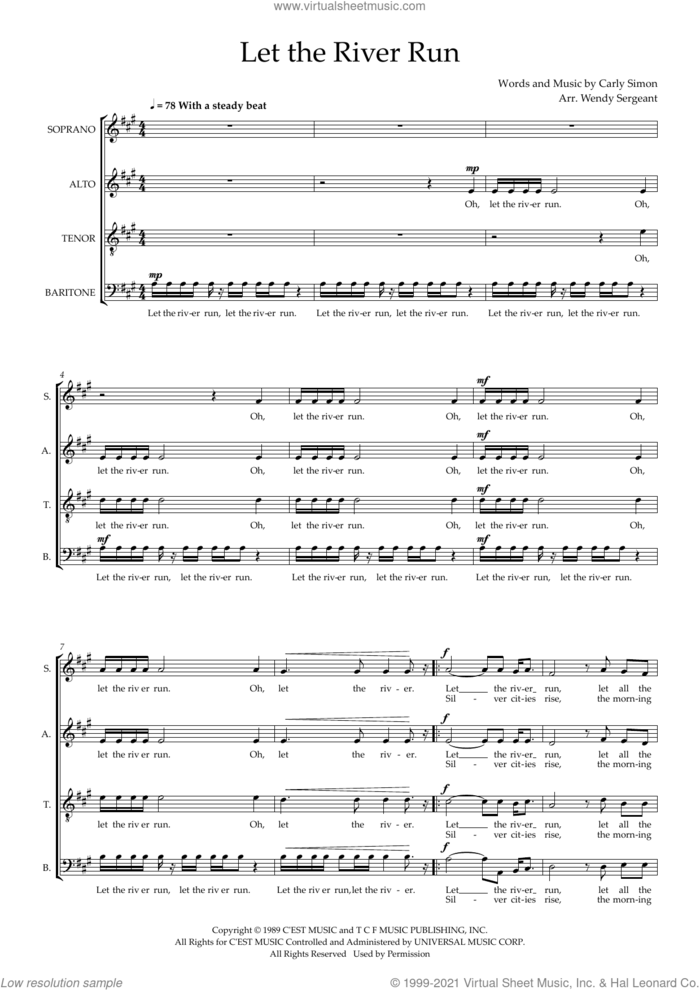 Let the River Run (arr. Wendy Sergeant) sheet music for choir (SATB: soprano, alto, tenor, bass) by Carly Simon and Wendy Sergeant, intermediate skill level