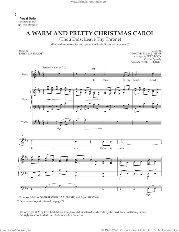 Three Christmas Solos (with optional cello obbligato) sheet music for voice and piano by Jan Sanborn, Allan Petker, Fred Bock, Stephen Bock and Timothy R. Matthews, intermediate skill level