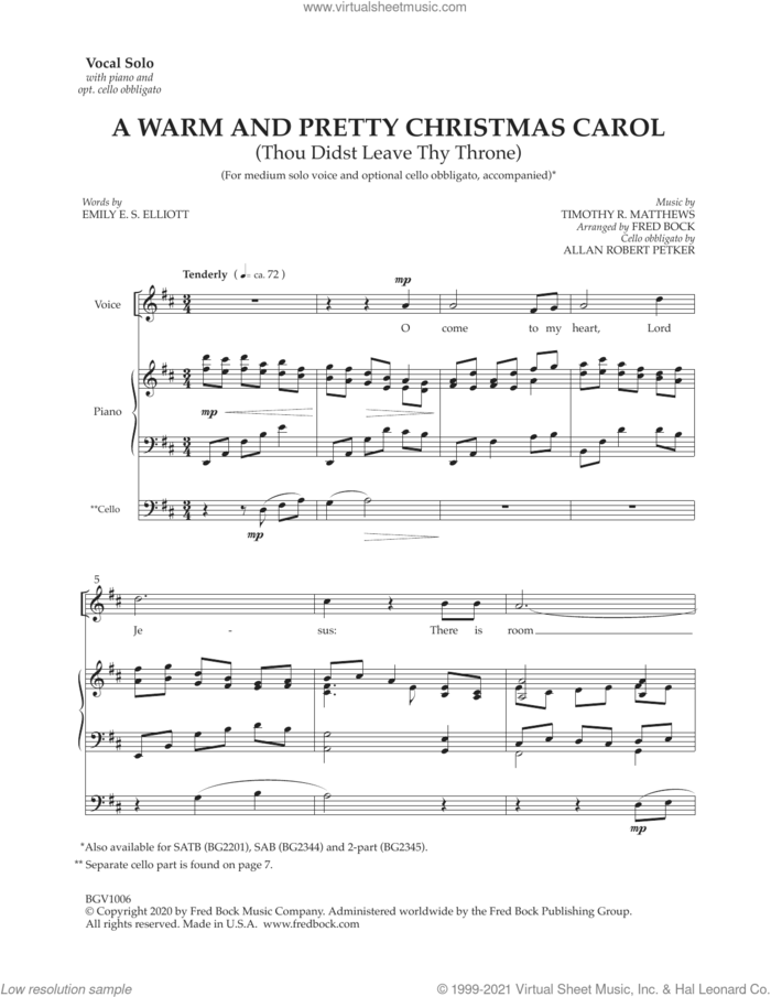 A Warm And Pretty Christmas Carol (with optional cello obbligato) sheet music for voice and piano by Timothy R. Matthews, Fred Bock and Emily E.S Eliot, intermediate skill level