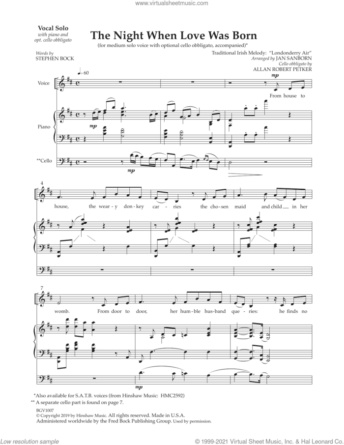 The Night That Love Was Born (with optional cello obbligato) sheet music for voice and piano by Jan Sanborn, Allan Petker, Stephen Bock and Miscellaneous, intermediate skill level