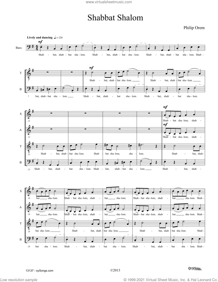Shabbat Shalom sheet music for choir (SATB: soprano, alto, tenor, bass) by Philip Orem, intermediate skill level