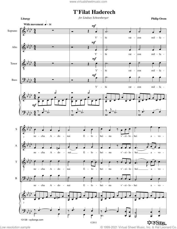 T'filat Haderach sheet music for choir (SATB: soprano, alto, tenor, bass) by Philip Orem, intermediate skill level