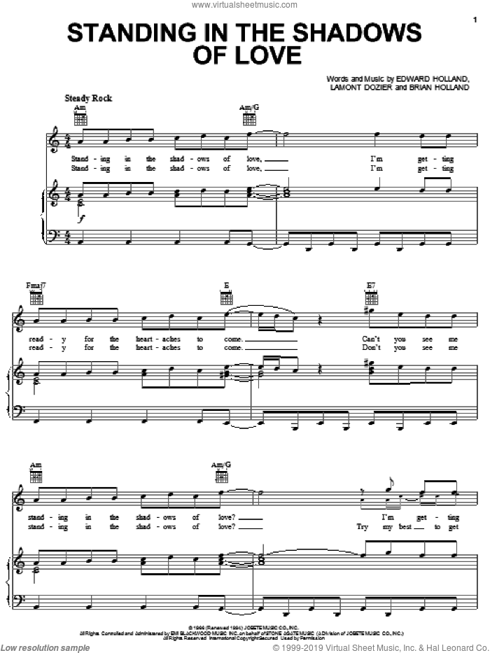 Standing In The Shadows Of Love sheet music for voice, piano or guitar by The Four Tops, Brian Holland, Eddie Holland and Lamont Dozier, intermediate skill level