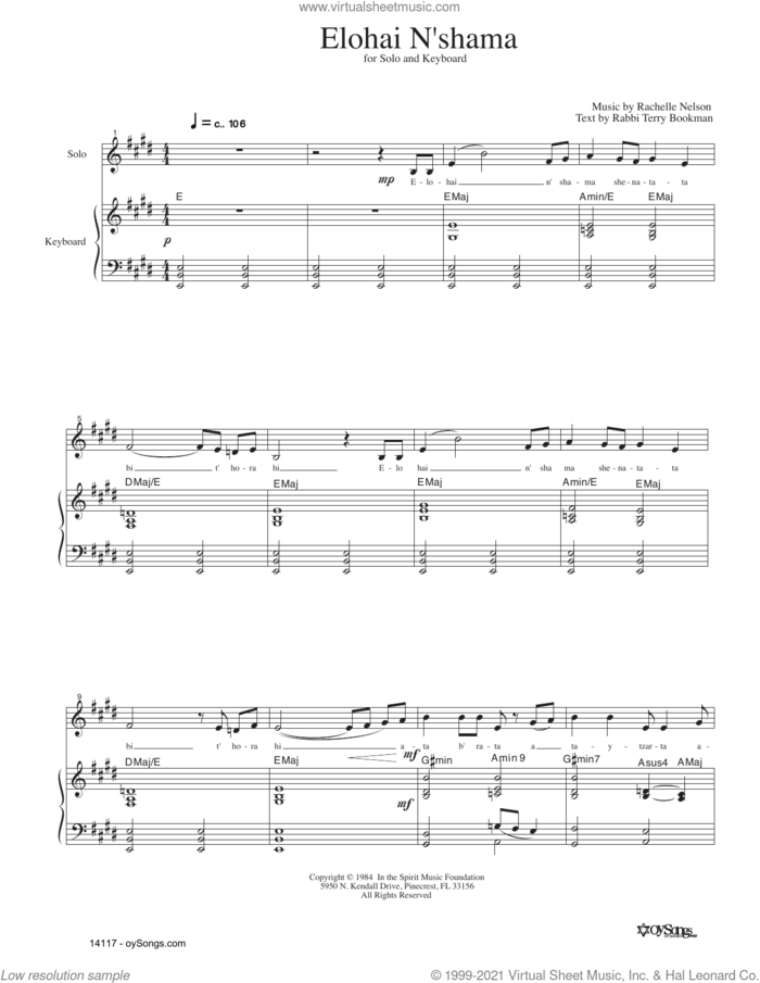 Elohai N'shama sheet music for voice and piano by Rachelle Nelson, intermediate skill level
