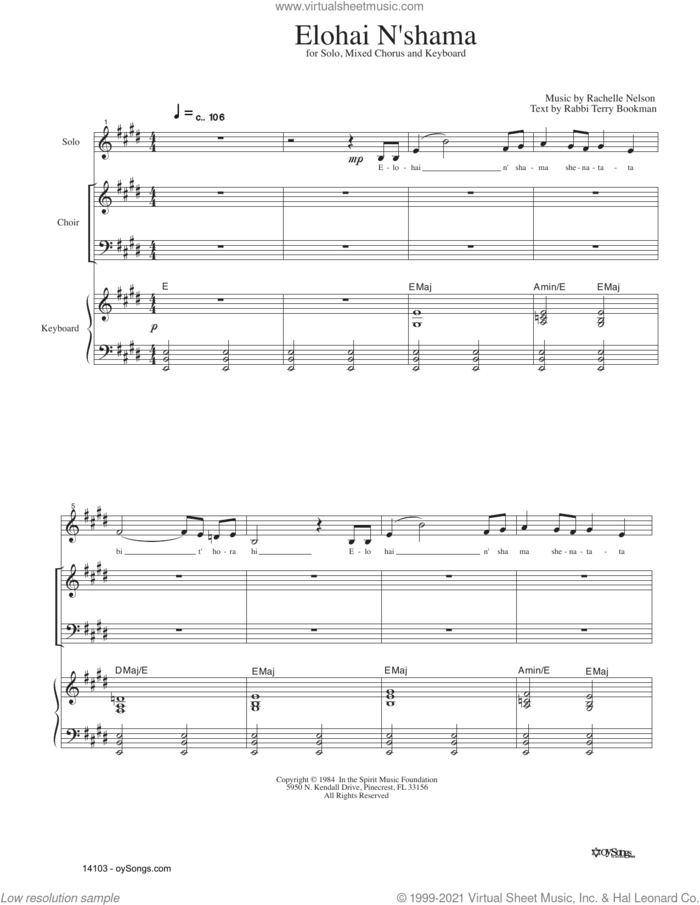 Elohai N'shama sheet music for choir (SATB: soprano, alto, tenor, bass) by Rachelle Nelson, intermediate skill level