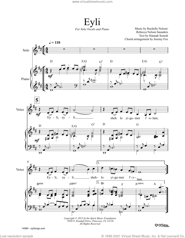 Eyli sheet music for voice and piano by Rachelle Nelson, intermediate skill level