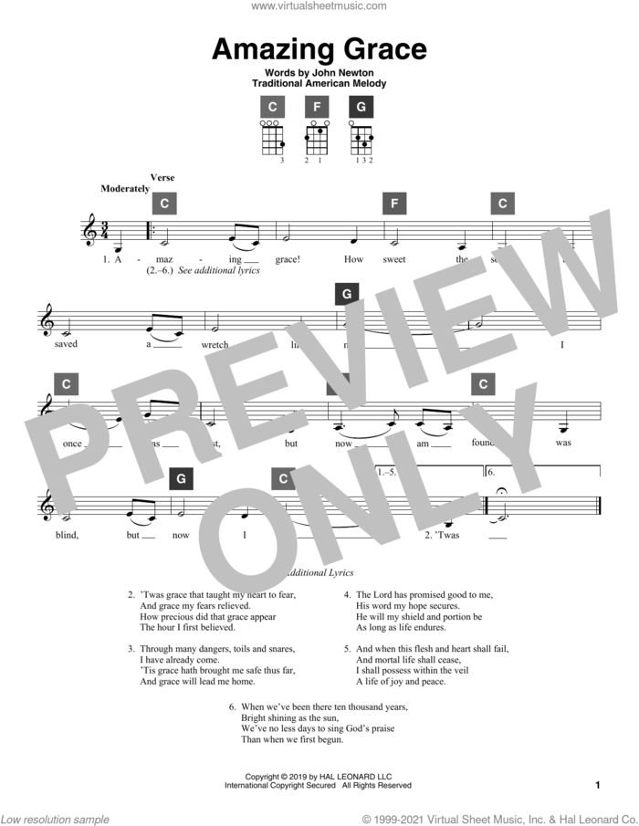 Amazing Grace sheet music for ukulele solo (ChordBuddy system) by John Newton and Miscellaneous, intermediate ukulele (ChordBuddy system)