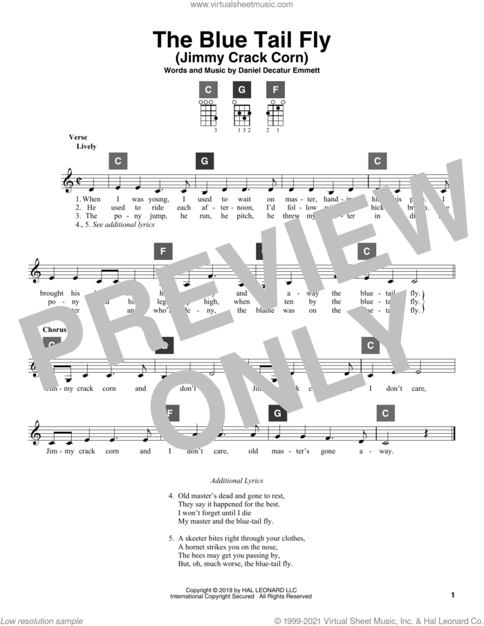 The Blue Tail Fly (Jimmy Crack Corn) sheet music for ukulele solo (ChordBuddy system) by Daniel Decatur Emmett, intermediate ukulele (ChordBuddy system)