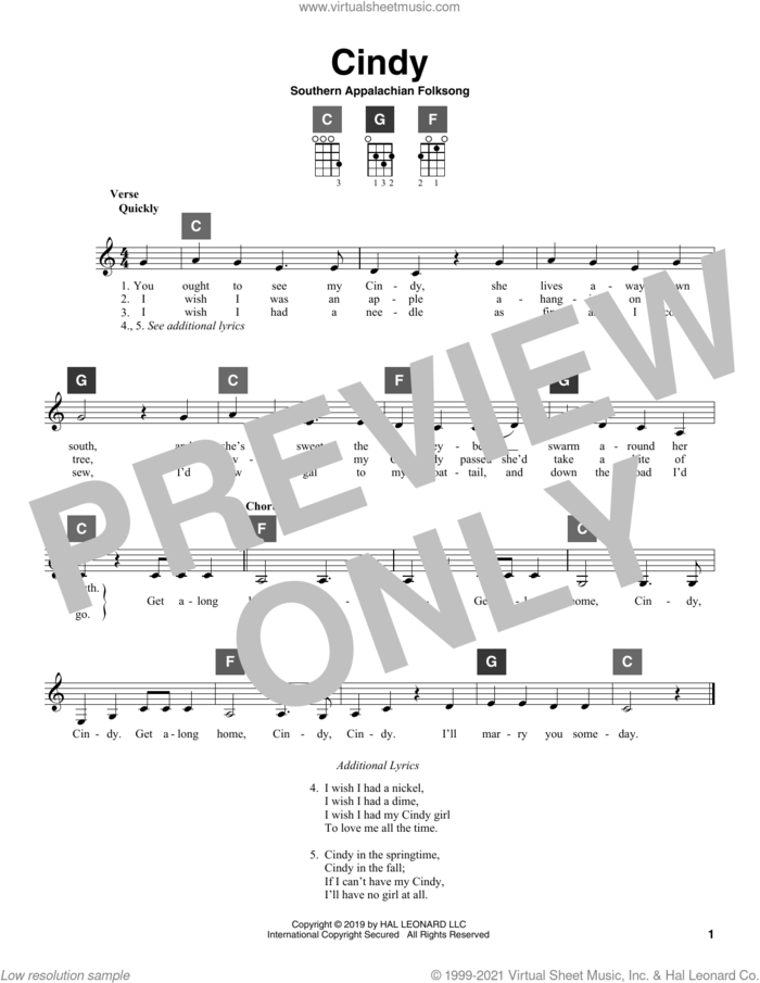 Cindy sheet music for ukulele solo (ChordBuddy system) by Southern Appalachian Folksong, intermediate ukulele (ChordBuddy system)