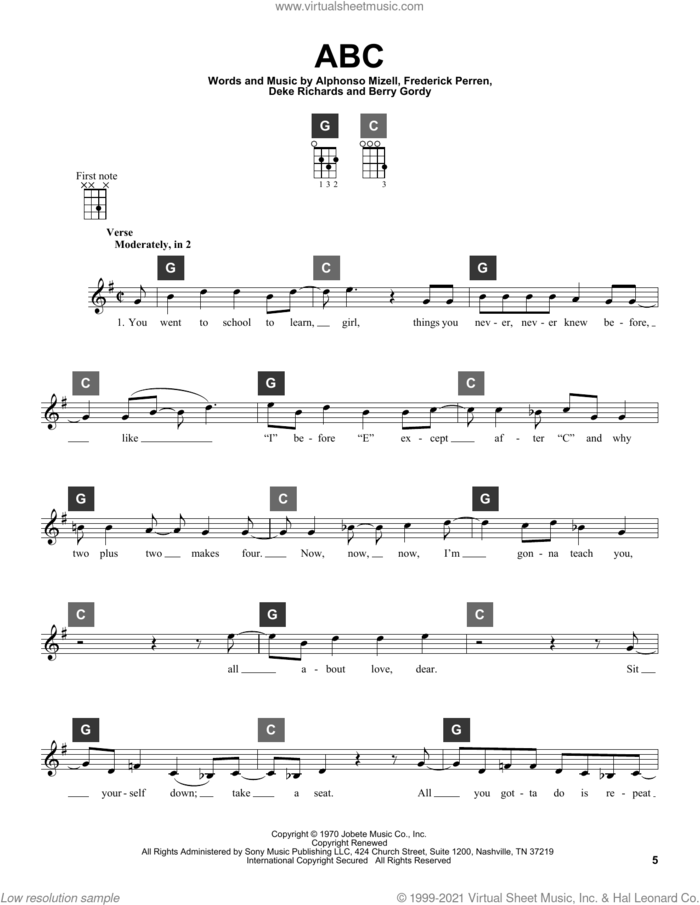 ABC sheet music for ukulele solo (ChordBuddy system) by The Jackson 5, Alphonso Mizell, Berry Gordy, Deke Richards and Frederick Perren, intermediate ukulele (ChordBuddy system)