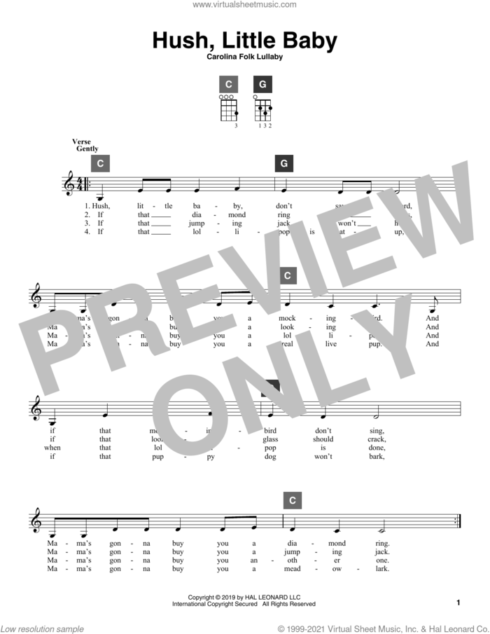 Hush, Little Baby sheet music for ukulele solo (ChordBuddy system) by Carolina Folk Lullaby, intermediate ukulele (ChordBuddy system)