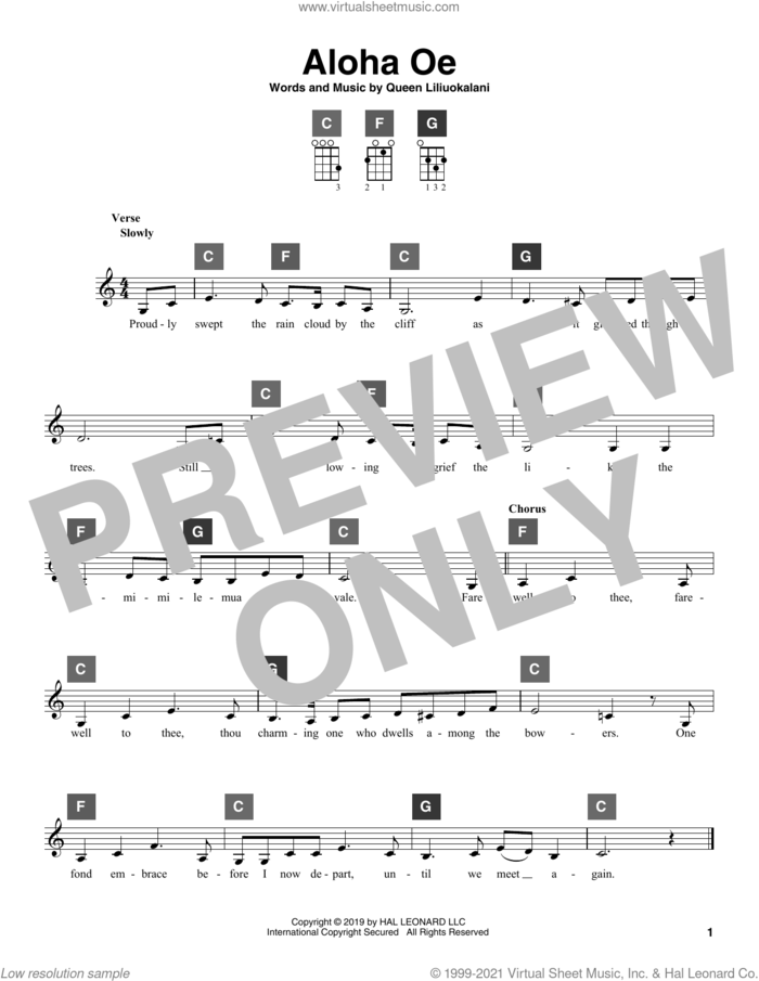 Aloha Oe sheet music for ukulele solo (ChordBuddy system) by Queen Liliuokalani, intermediate ukulele (ChordBuddy system)
