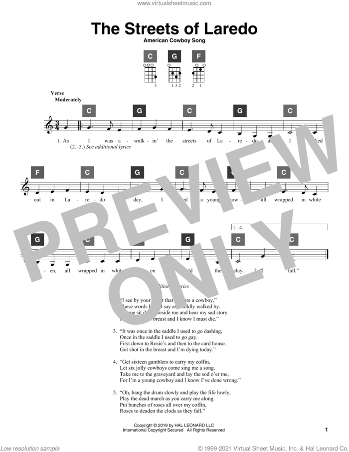 The Streets Of Laredo sheet music for ukulele solo (ChordBuddy system), intermediate ukulele (ChordBuddy system)