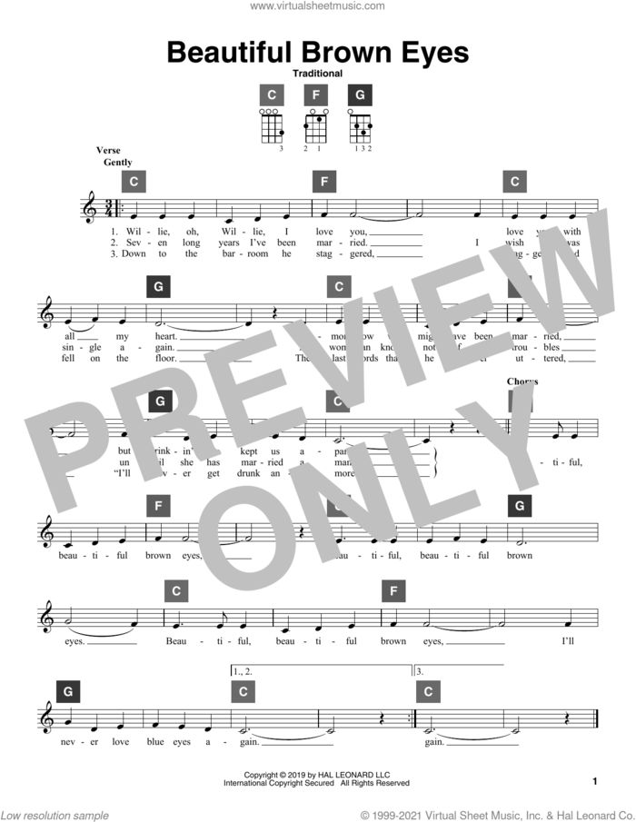 Beautiful Brown Eyes sheet music for ukulele solo (ChordBuddy system), intermediate ukulele (ChordBuddy system)