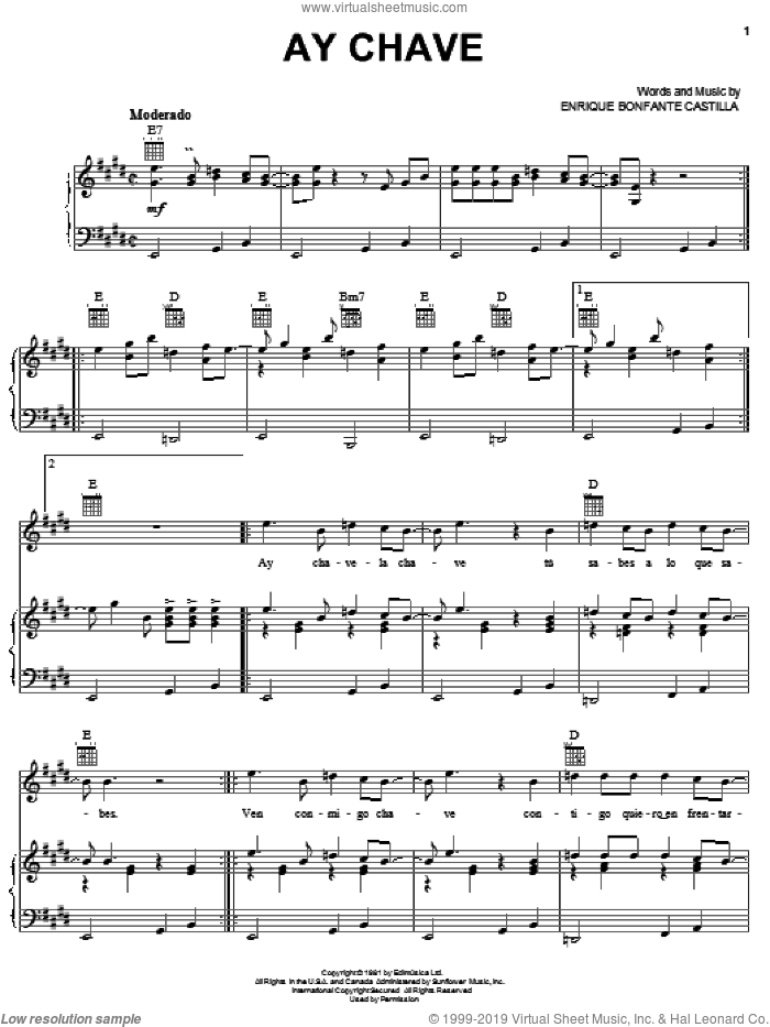 Ay Chave sheet music for voice, piano or guitar by Enrique Bonfante Castilla, intermediate skill level