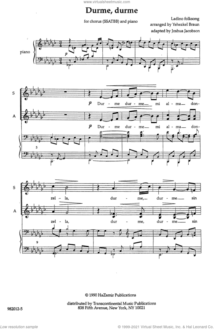 Durme, Durme sheet music for choir (SATB: soprano, alto, tenor, bass) by Yehezkel Braun, classical score, intermediate skill level
