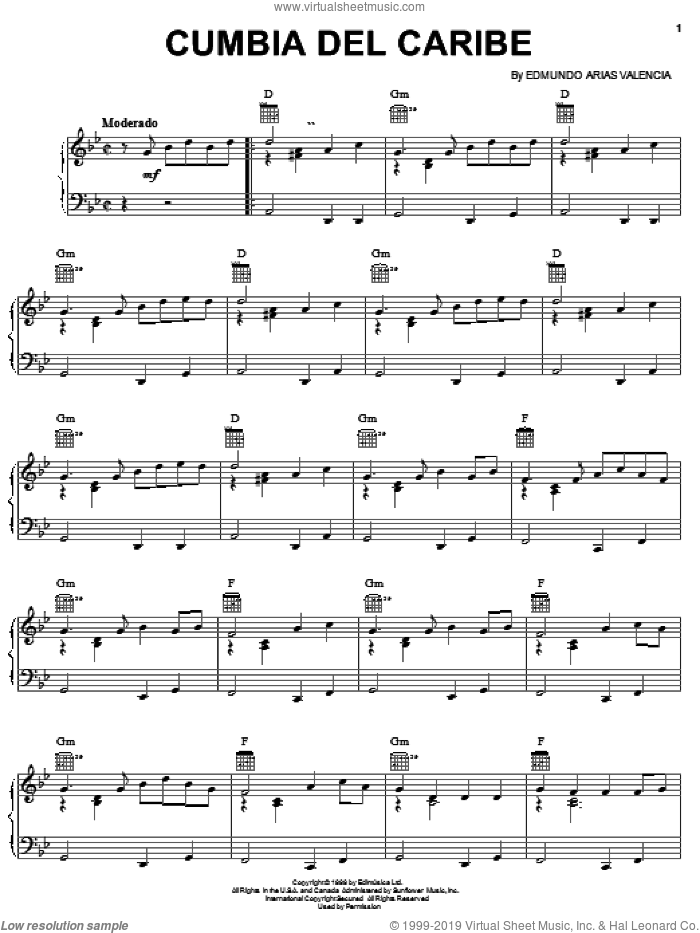 Cumbia Del Caribe sheet music for voice, piano or guitar by Edmundo Arias Valencia, intermediate skill level