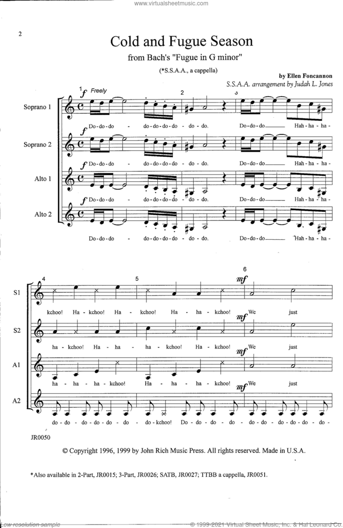 Cold and Fugue Season (arr. Ellen Foncannon) sheet music for choir (SSAA: soprano, alto) by Johann Sebastian Bach and Ellen Foncannon, classical score, intermediate skill level