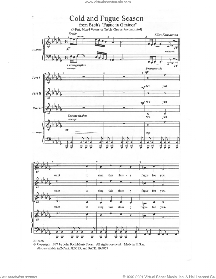 Cold and Fugue Season (arr. Ellen Foncannon) sheet music for choir (3-Part Mixed) by Johann Sebastian Bach and Ellen Foncannon, classical score, intermediate skill level