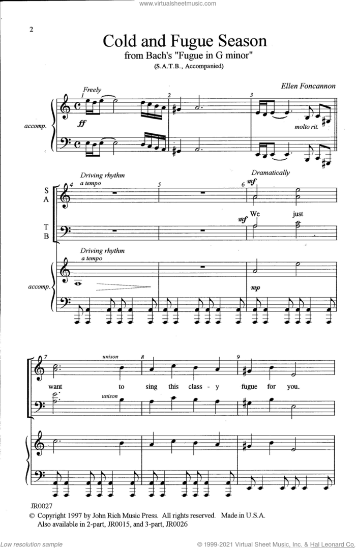 Cold and Fugue Season (arr. Ellen Foncannon) sheet music for choir (SATB: soprano, alto, tenor, bass) by Johann Sebastian Bach and Ellen Foncannon, classical score, intermediate skill level