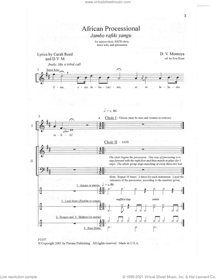 African Processional sheet music for choir (SATB: soprano, alto, tenor, bass) by D. V. Montoya and Ron Kean, intermediate skill level