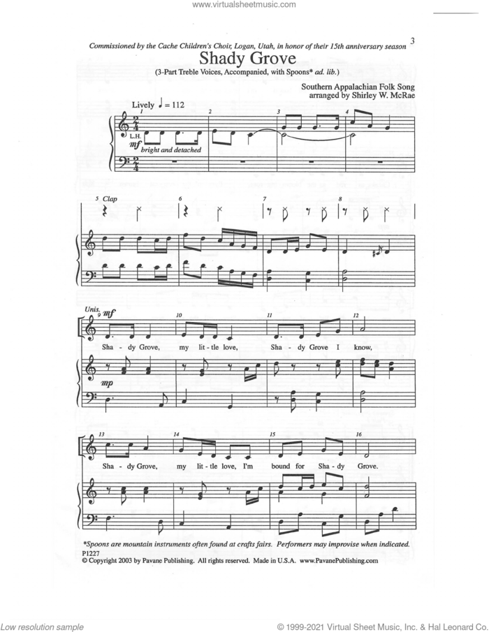 Shady Grove (arr. Shirley W. McRae) sheet music for choir (3-Part Mixed)  and Shirley W. McRae, intermediate skill level