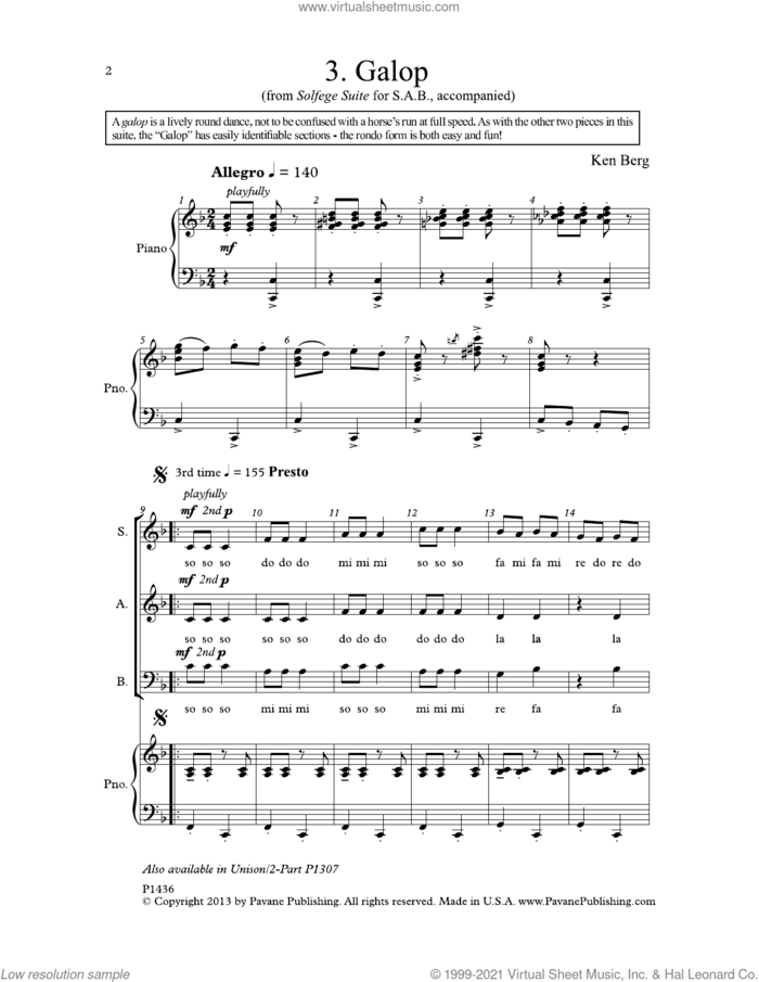Galop (from 'Solfege Suite') sheet music for choir (SAB: soprano, alto, bass) by Ken Berg, intermediate skill level