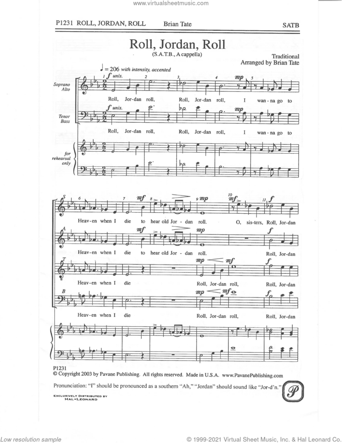 Roll, Jordan, Roll (arr. Brian Tate) sheet music for choir (SATB: soprano, alto, tenor, bass)  and Brian Tate, intermediate skill level