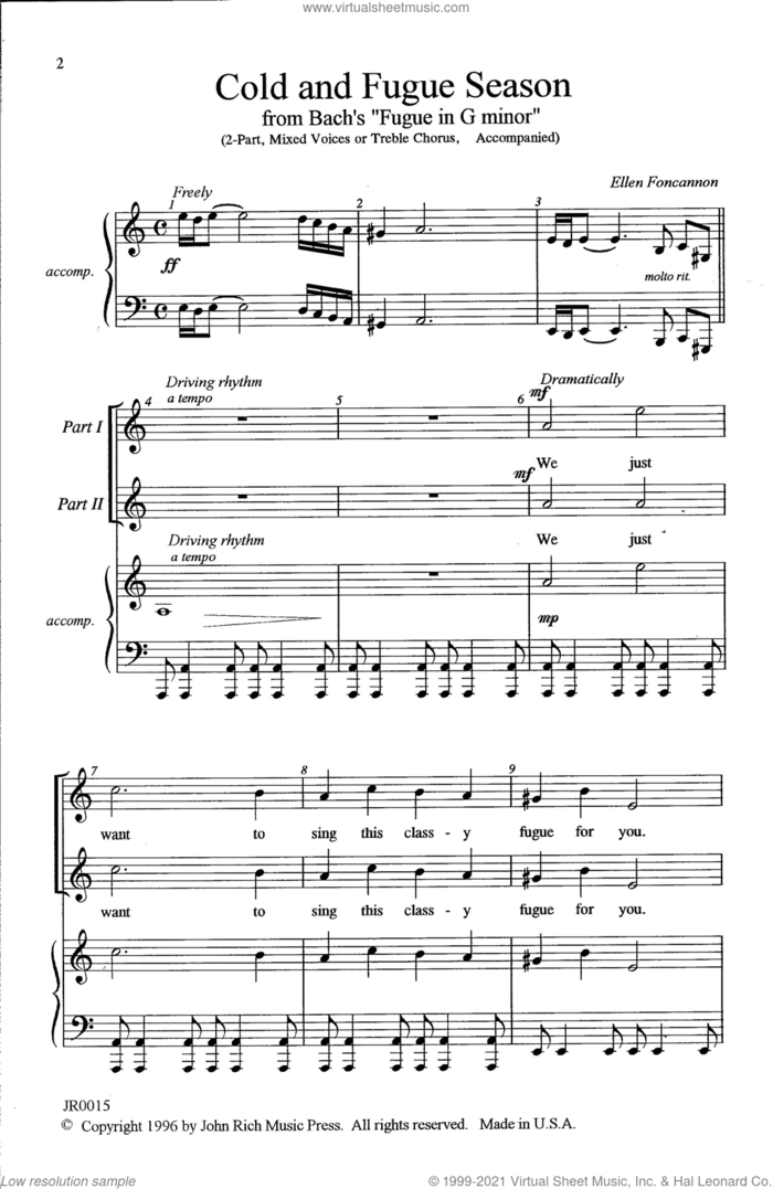 Cold and Fugue Season (arr. Ellen Foncannon) sheet music for choir (2-Part) by Johann Sebastian Bach and Ellen Foncannon, classical score, intermediate duet