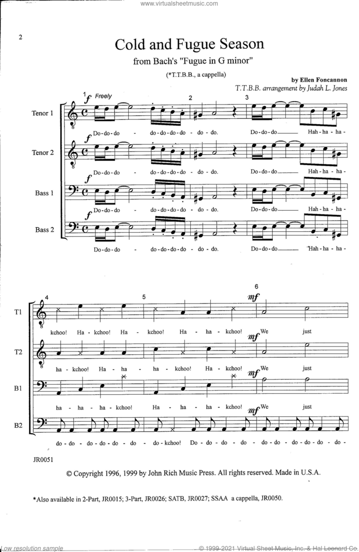Cold and Fugue Season (arr. Ellen Foncannon) sheet music for choir (TTBB: tenor, bass) by Johann Sebastian Bach and Ellen Foncannon, classical score, intermediate skill level