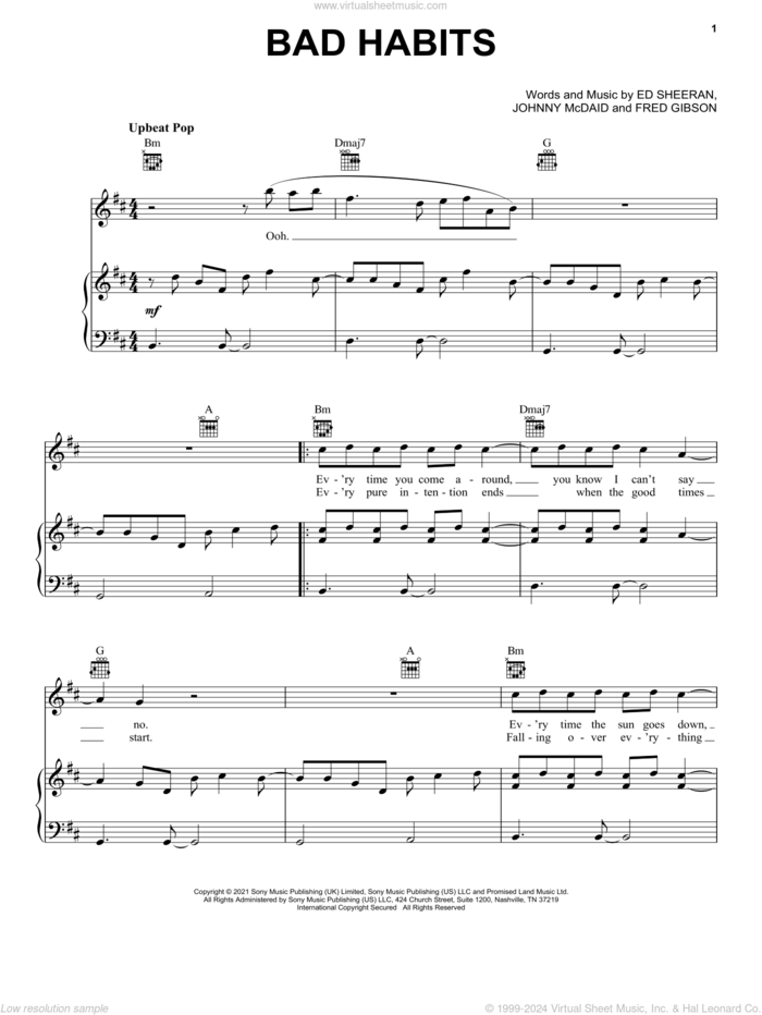 Bad Habits sheet music for voice, piano or guitar by Ed Sheeran, Fred Gibson and Johnny McDaid, intermediate skill level