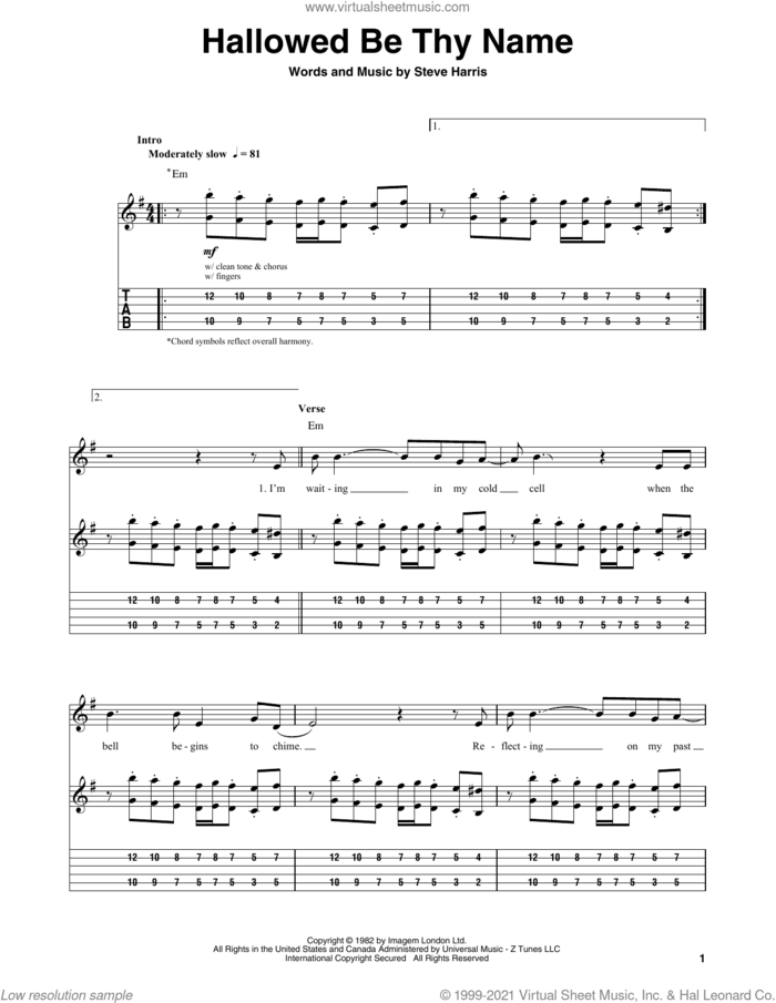 Hallowed Be Thy Name sheet music for guitar (tablature, play-along) by Iron Maiden and Steve Harris, intermediate skill level
