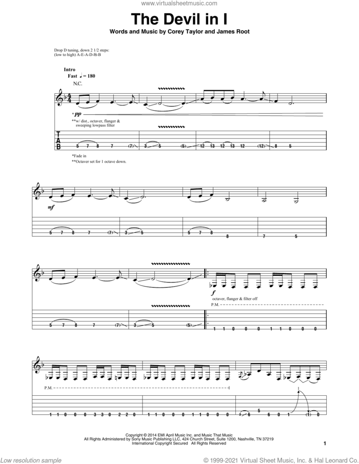 The Devil In I sheet music for guitar (tablature, play-along) by Slipknot, Corey Taylor and James Root, intermediate skill level